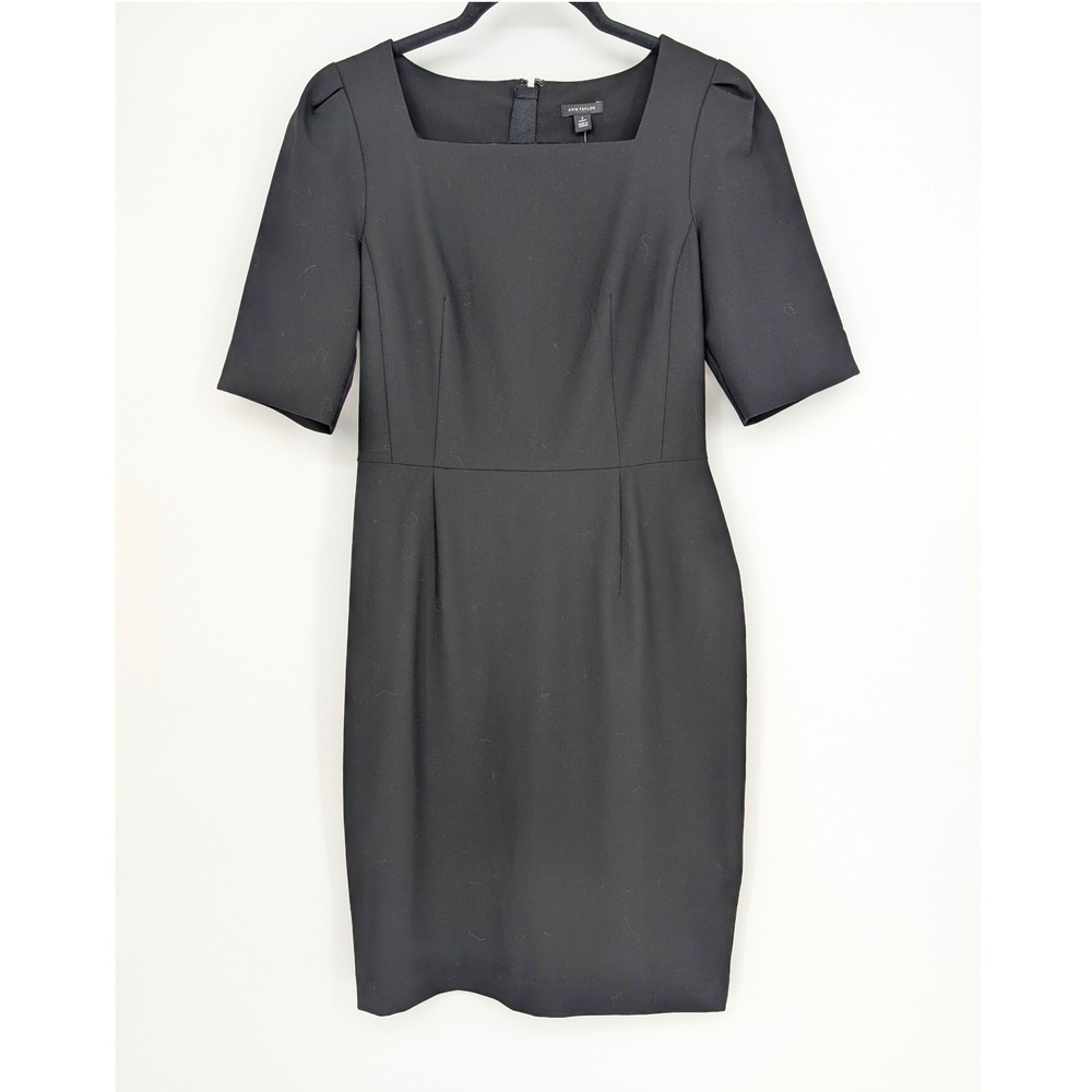 Ann Taylor Sheath Dress 2 Curvy Black Square Neck Pleated Short Puff Sleeve Chic